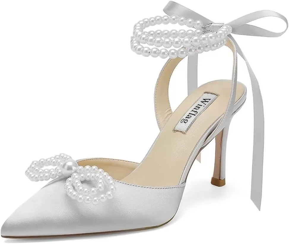 Pearl Wedding Shoes for Bride High Heel Bridal Shoes Closed Toe Wedding Heels