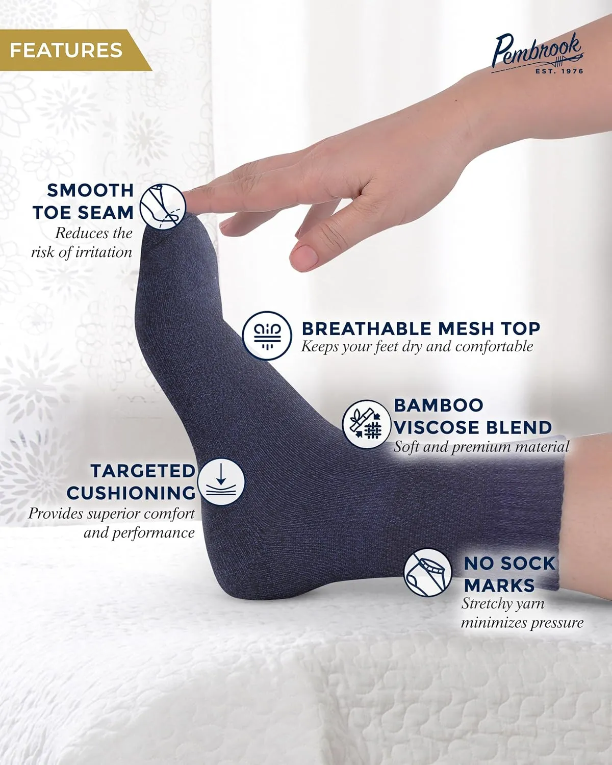 Pembrook Bamboo Viscose Diabetic Socks for Women & Men - 6 Pairs Ankle Socks for Swollen Feet | Neuropathy Socks | Womens Diabetic Socks | Tan, Light Tan, Navy, Light Blue, Grey, Light Grey
