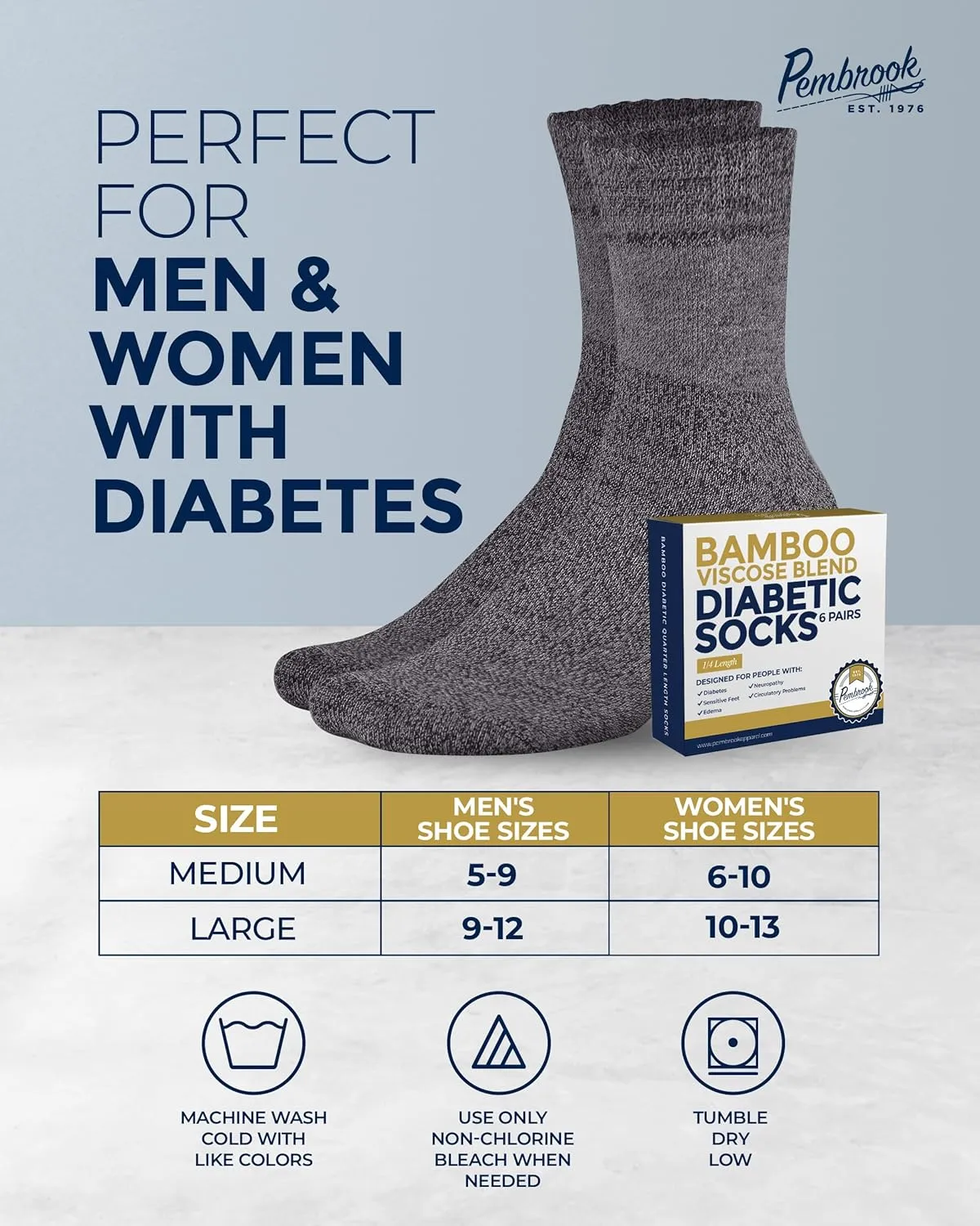 Pembrook Bamboo Viscose Diabetic Socks for Women & Men - 6 Pairs Ankle Socks for Swollen Feet | Neuropathy Socks | Womens Diabetic Socks | Tan, Light Tan, Navy, Light Blue, Grey, Light Grey