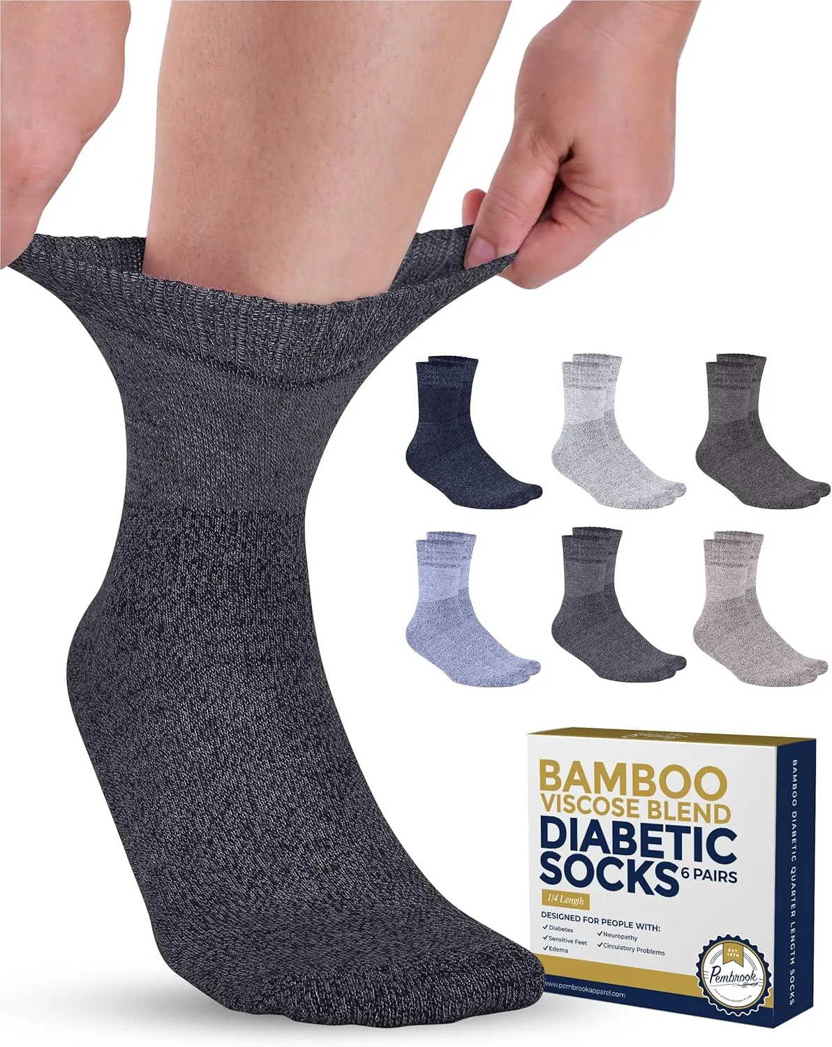 Pembrook Bamboo Viscose Diabetic Socks for Women & Men - 6 Pairs Ankle Socks for Swollen Feet | Neuropathy Socks | Womens Diabetic Socks | Tan, Light Tan, Navy, Light Blue, Grey, Light Grey