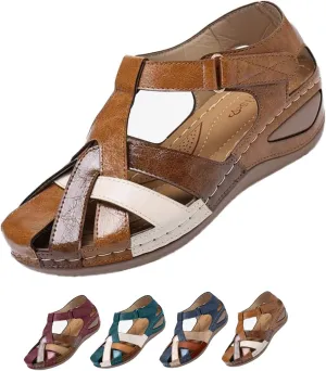 PU Leather Women's Orthopedic Anti-Slip Vintage Cross Belt Wedge Gladiator Outdoor Hollow Out Sandals