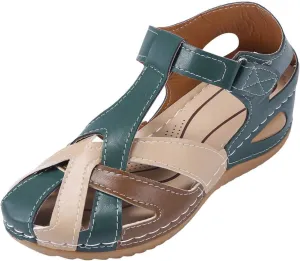 PU Leather Women's Orthopedic Anti-Slip Vintage Cross Belt Wedge Gladiator Outdoor Hollow Out Sandals