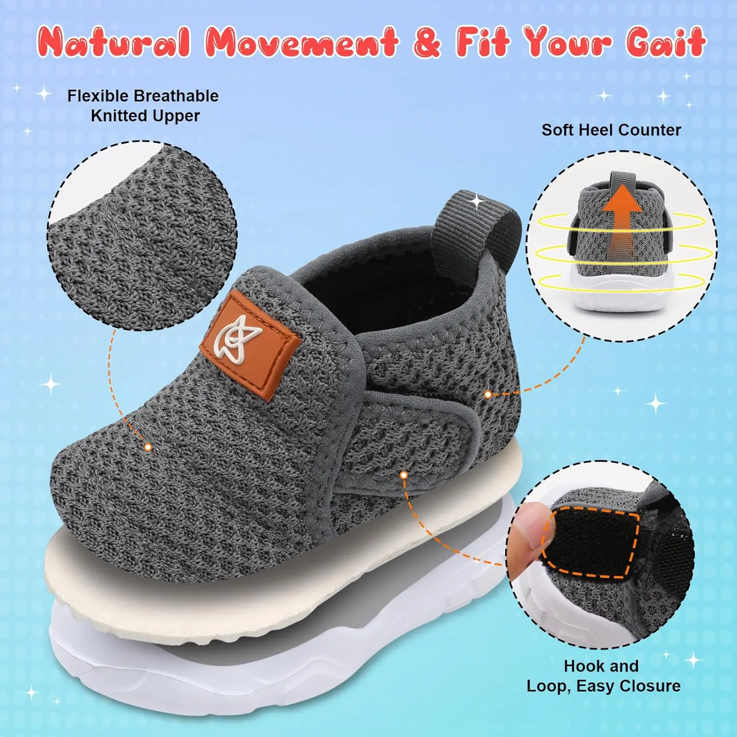 QFH Toddler Shoes Boys Girls Sneakers Comfy Barefoot Shoes Kids Adjustable Hook and Loop Walking Shoes Wide Toe Box Breathable Shoes