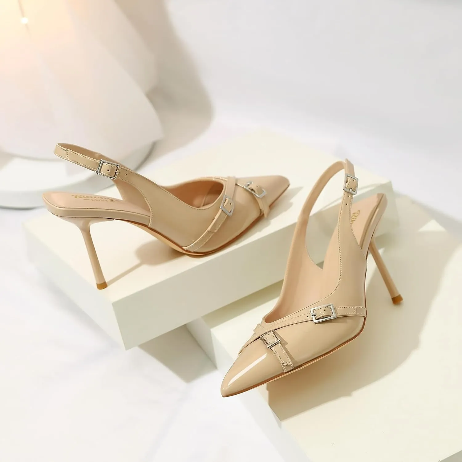 RIBONGZ Slingback Heels for Women Closed Pointed Toe Stiletto High Heeled with Buckle Patent Leather Heels Wedding Sexy Pumps Bride Prom Dating Party Working Dress Shoes
