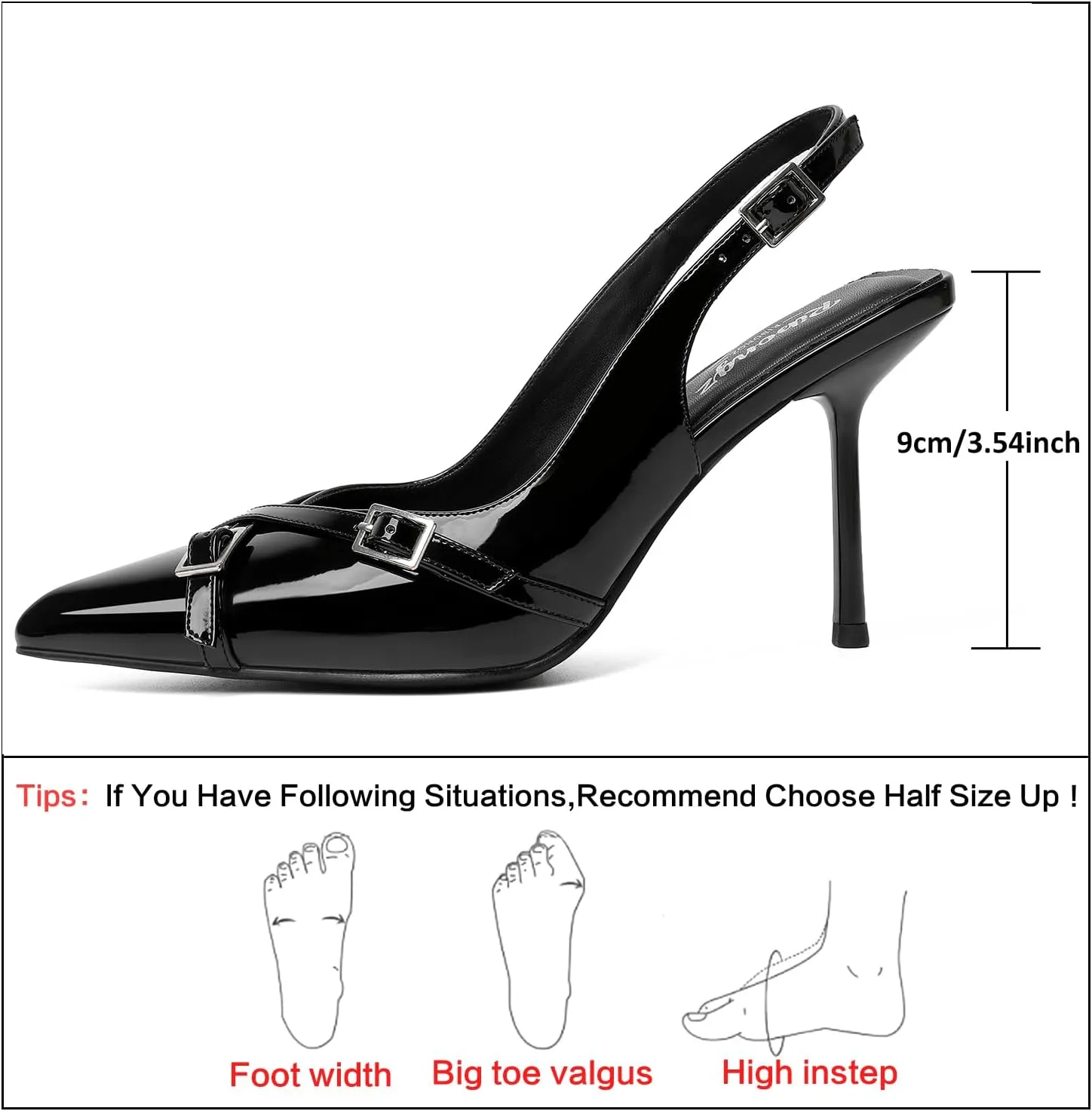 RIBONGZ Slingback Heels for Women Closed Pointed Toe Stiletto High Heeled with Buckle Patent Leather Heels Wedding Sexy Pumps Bride Prom Dating Party Working Dress Shoes