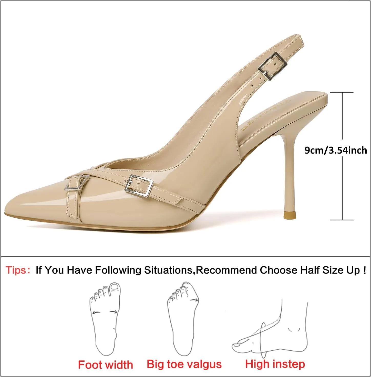 RIBONGZ Slingback Heels for Women Closed Pointed Toe Stiletto High Heeled with Buckle Patent Leather Heels Wedding Sexy Pumps Bride Prom Dating Party Working Dress Shoes