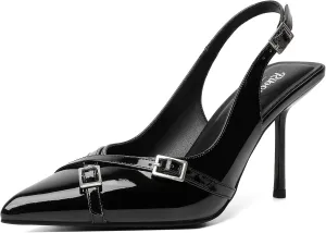 RIBONGZ Slingback Heels for Women Closed Pointed Toe Stiletto High Heeled with Buckle Patent Leather Heels Wedding Sexy Pumps Bride Prom Dating Party Working Dress Shoes