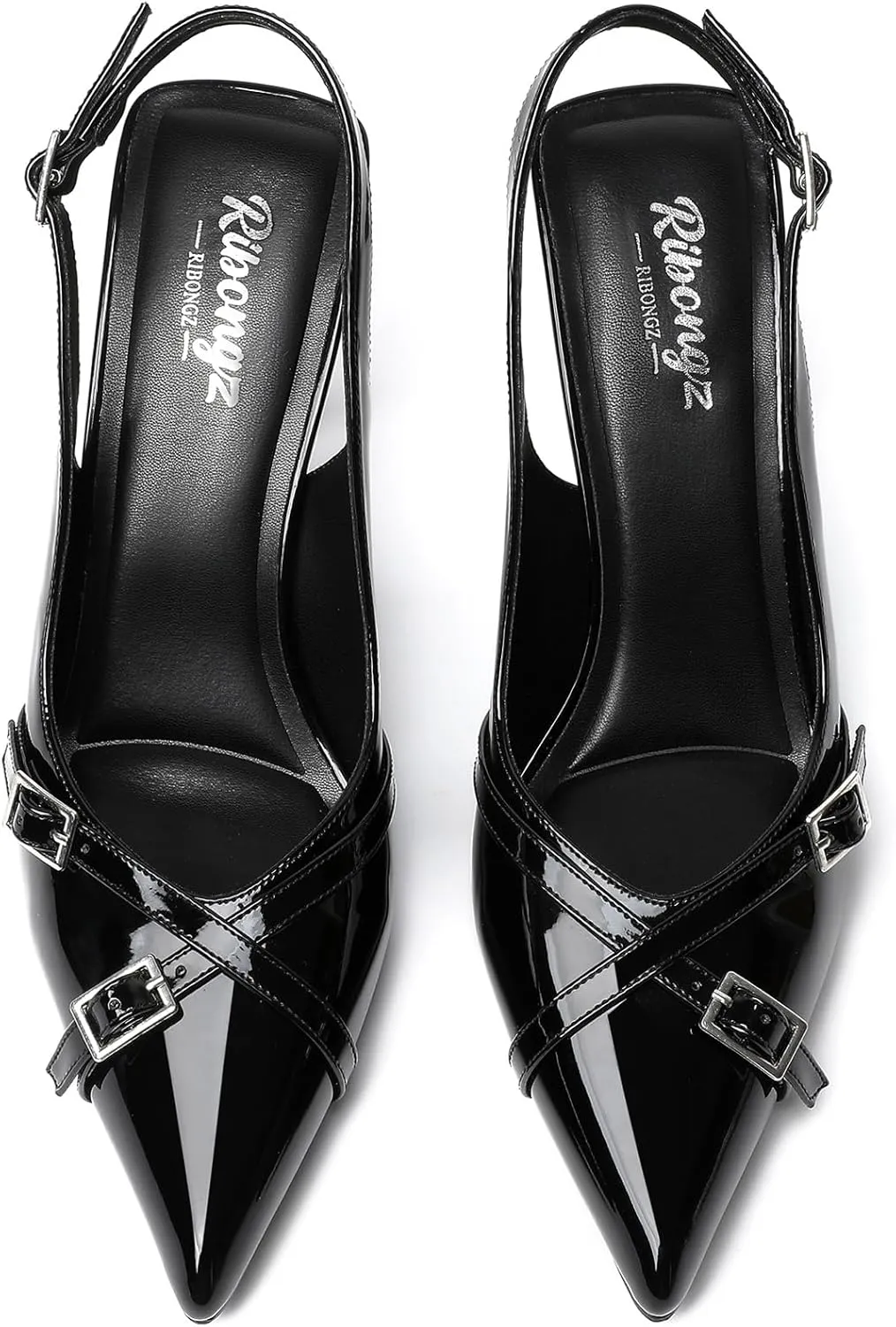 RIBONGZ Slingback Heels for Women Closed Pointed Toe Stiletto High Heeled with Buckle Patent Leather Heels Wedding Sexy Pumps Bride Prom Dating Party Working Dress Shoes