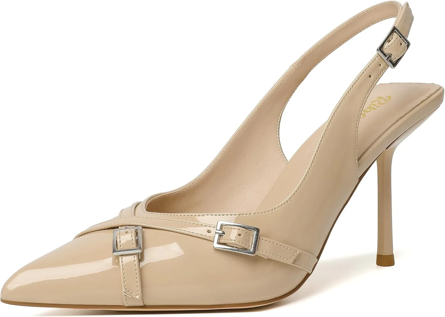 RIBONGZ Slingback Heels for Women Closed Pointed Toe Stiletto High Heeled with Buckle Patent Leather Heels Wedding Sexy Pumps Bride Prom Dating Party Working Dress Shoes