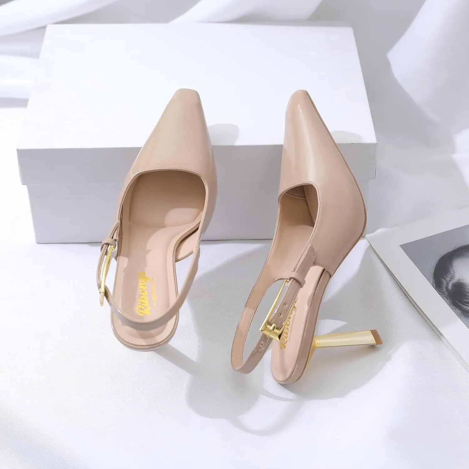 RIBONGZ Slingback Heels for Women Closed Pointed Toe Stiletto High Heels Dress Sexy Pumps Heeled Wedding Bride Prom Party Evening Dressy Shoes