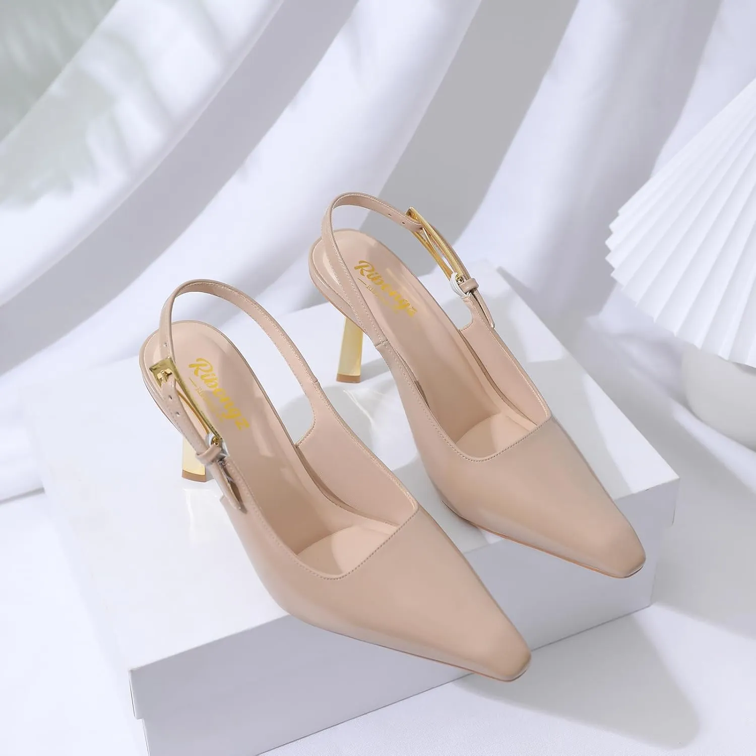 RIBONGZ Slingback Heels for Women Closed Pointed Toe Stiletto High Heels Dress Sexy Pumps Heeled Wedding Bride Prom Party Evening Dressy Shoes