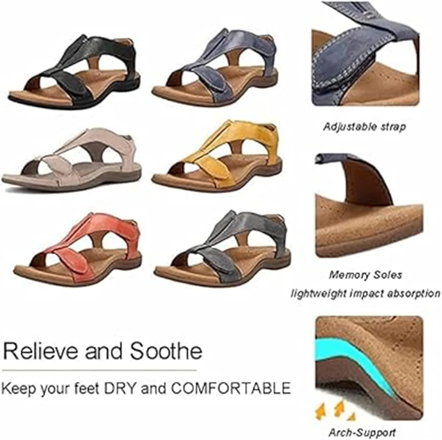 Sandals for Women Casual Summer Leather Sandal Platform Wedge Sandal Comfort Arch Support Cooling Gel Padding and an Adjustable Fit Walking Comfort Sandals,Blue,US7/EU38