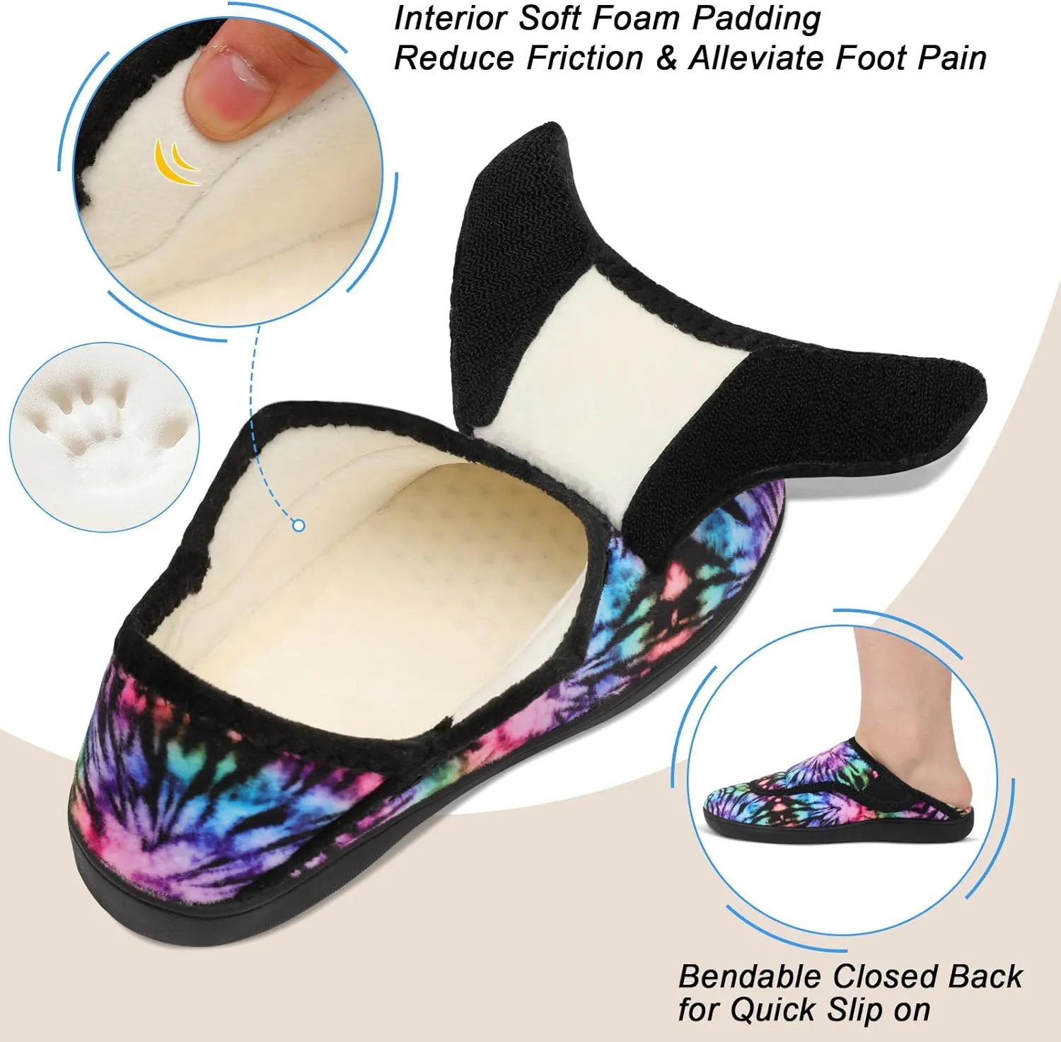 Scurtain Womens Slippers Comfy Wide Diabetic Slippers Adjustable Walking Shoes Neuropathy Orthopedic Recovery House Shoes