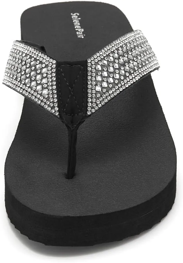 SelenePair Women's Platform Flip Flops Comfortable Arch Support Rhinestone Braid Summer Beach Slide Sandals Soft Woven Strap Slip On Lightweight Casual Walking Thong Sandals