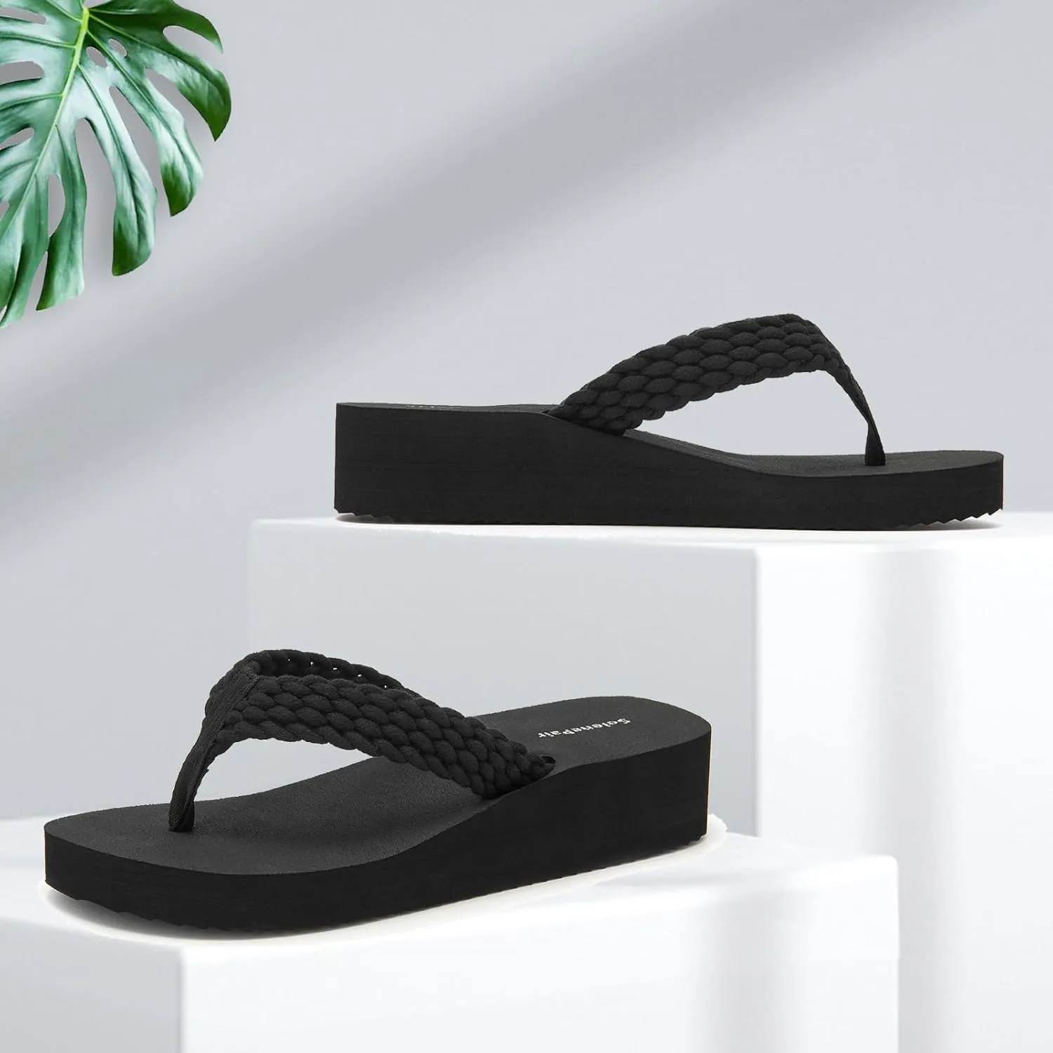 SelenePair Women's Platform Flip Flops Comfortable Arch Support Rhinestone Braid Summer Beach Slide Sandals Soft Woven Strap Slip On Lightweight Casual Walking Thong Sandals