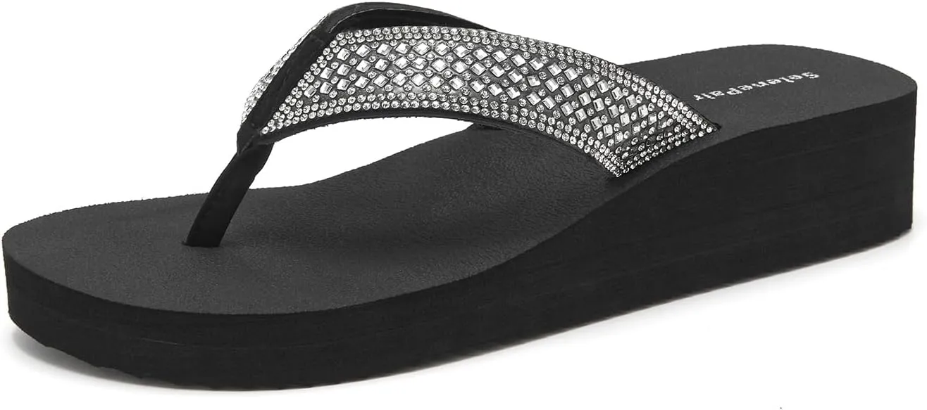 SelenePair Women's Platform Flip Flops Comfortable Arch Support Rhinestone Braid Summer Beach Slide Sandals Soft Woven Strap Slip On Lightweight Casual Walking Thong Sandals