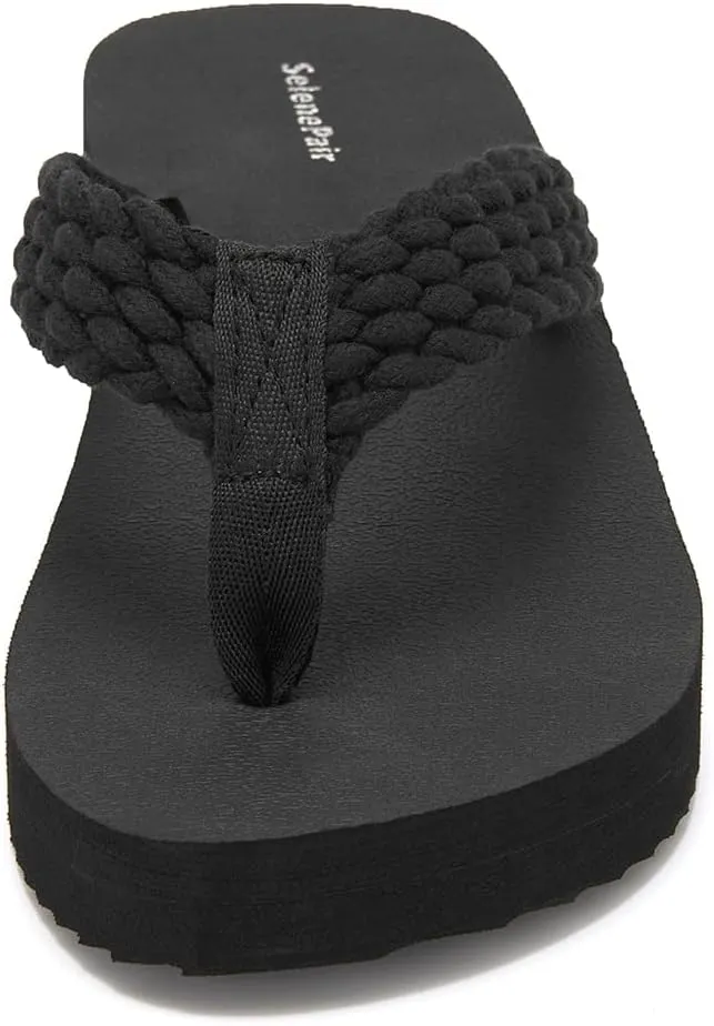 SelenePair Women's Platform Flip Flops Comfortable Arch Support Rhinestone Braid Summer Beach Slide Sandals Soft Woven Strap Slip On Lightweight Casual Walking Thong Sandals