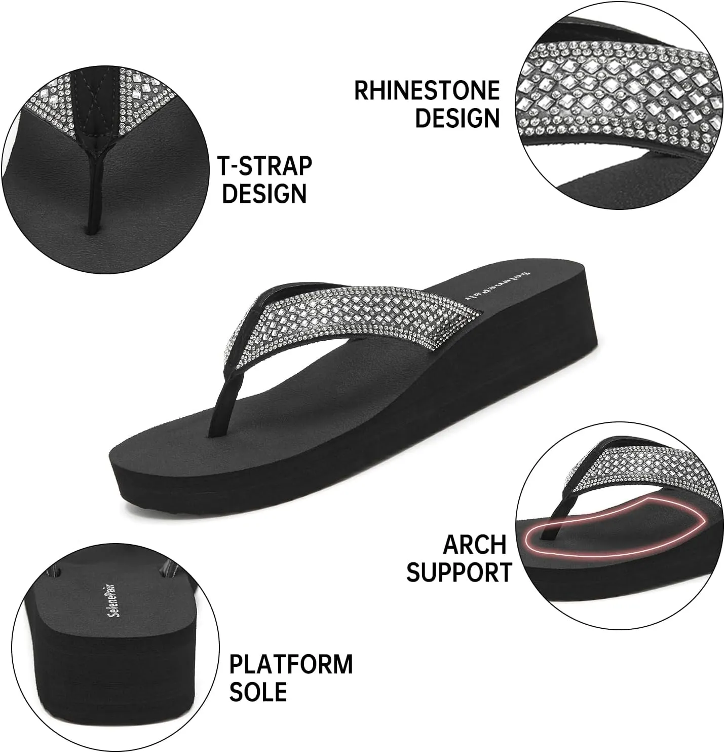 SelenePair Women's Platform Flip Flops Comfortable Arch Support Rhinestone Braid Summer Beach Slide Sandals Soft Woven Strap Slip On Lightweight Casual Walking Thong Sandals