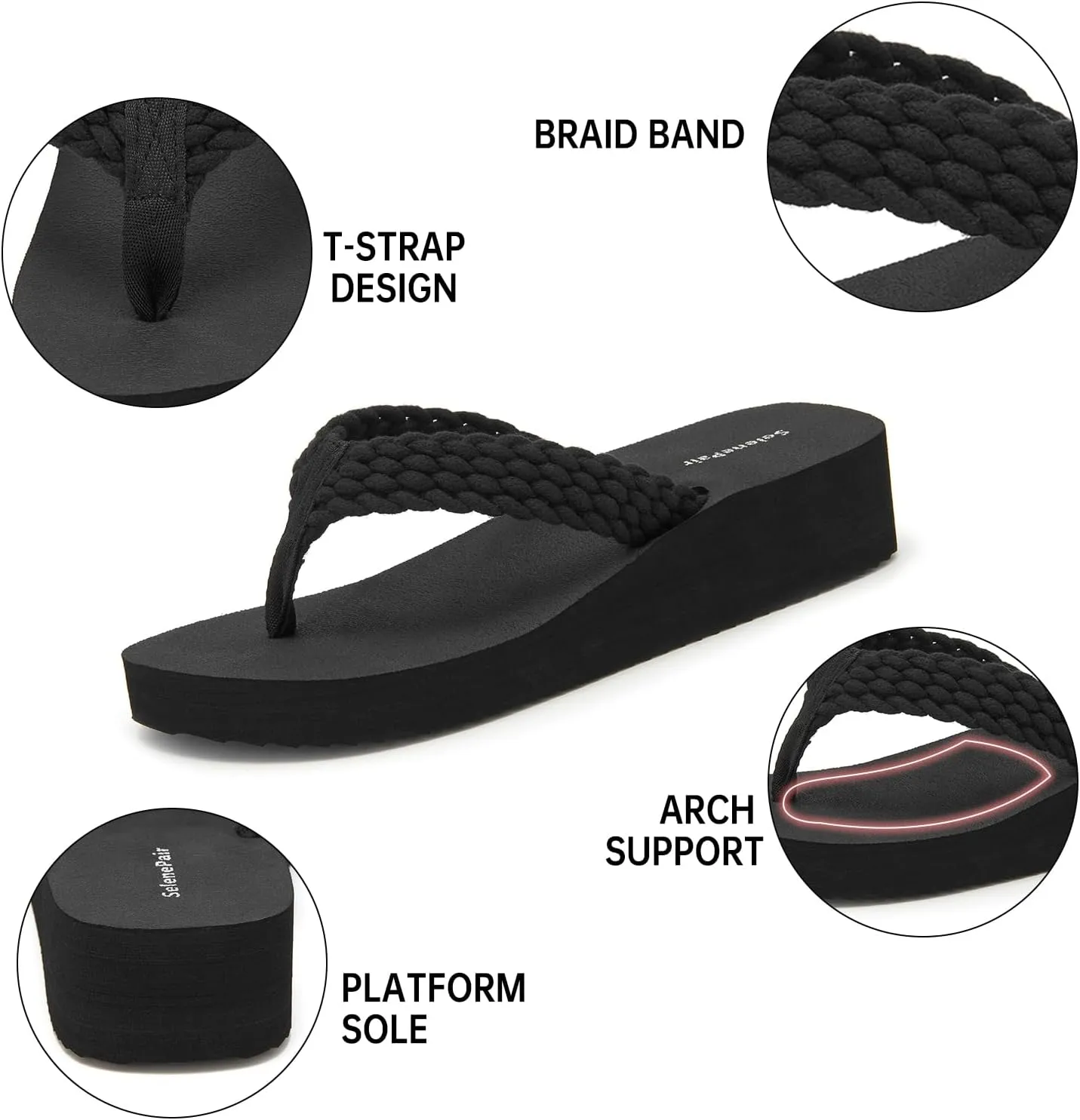 SelenePair Women's Platform Flip Flops Comfortable Arch Support Rhinestone Braid Summer Beach Slide Sandals Soft Woven Strap Slip On Lightweight Casual Walking Thong Sandals