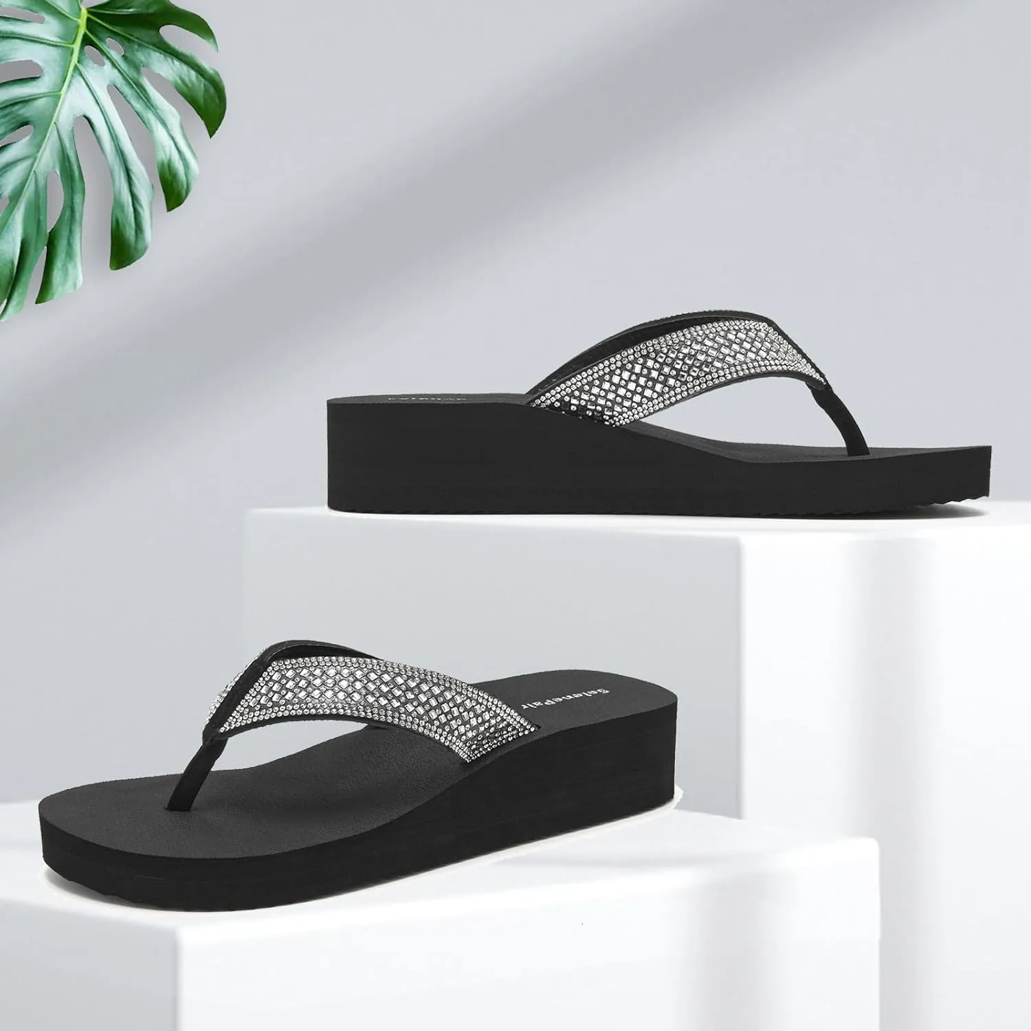 SelenePair Women's Platform Flip Flops Comfortable Arch Support Rhinestone Braid Summer Beach Slide Sandals Soft Woven Strap Slip On Lightweight Casual Walking Thong Sandals