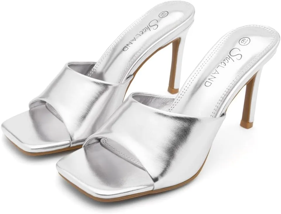 Shoe Land Melrose Women's High Heels Stiletto Heeled Slides, Square Open Toe One Band Slip-On Heeled Mules – Dressy Clear Heeled Sandals for Prom Party Wedding and Vacation
