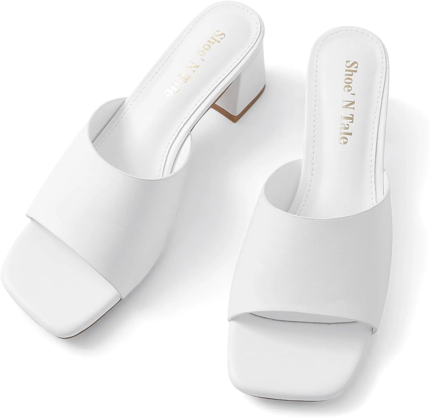 Shoe'N Tale Heeled Sandals For Women Square Open Toe Heeled Mules Chunky Block Low Heel Slip On Slides