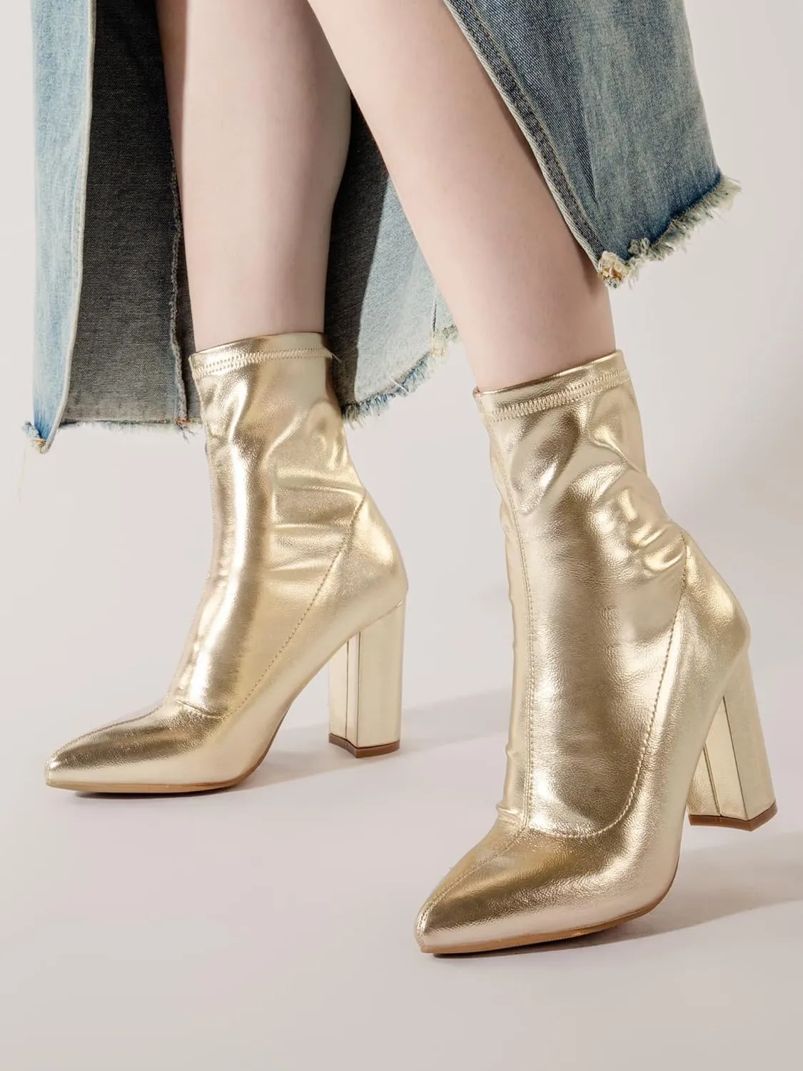 Shoe'N Tale Women's Ankle Boots Pointed Toe Chunky High Heel Slip-on Stretchy Booties Shoes