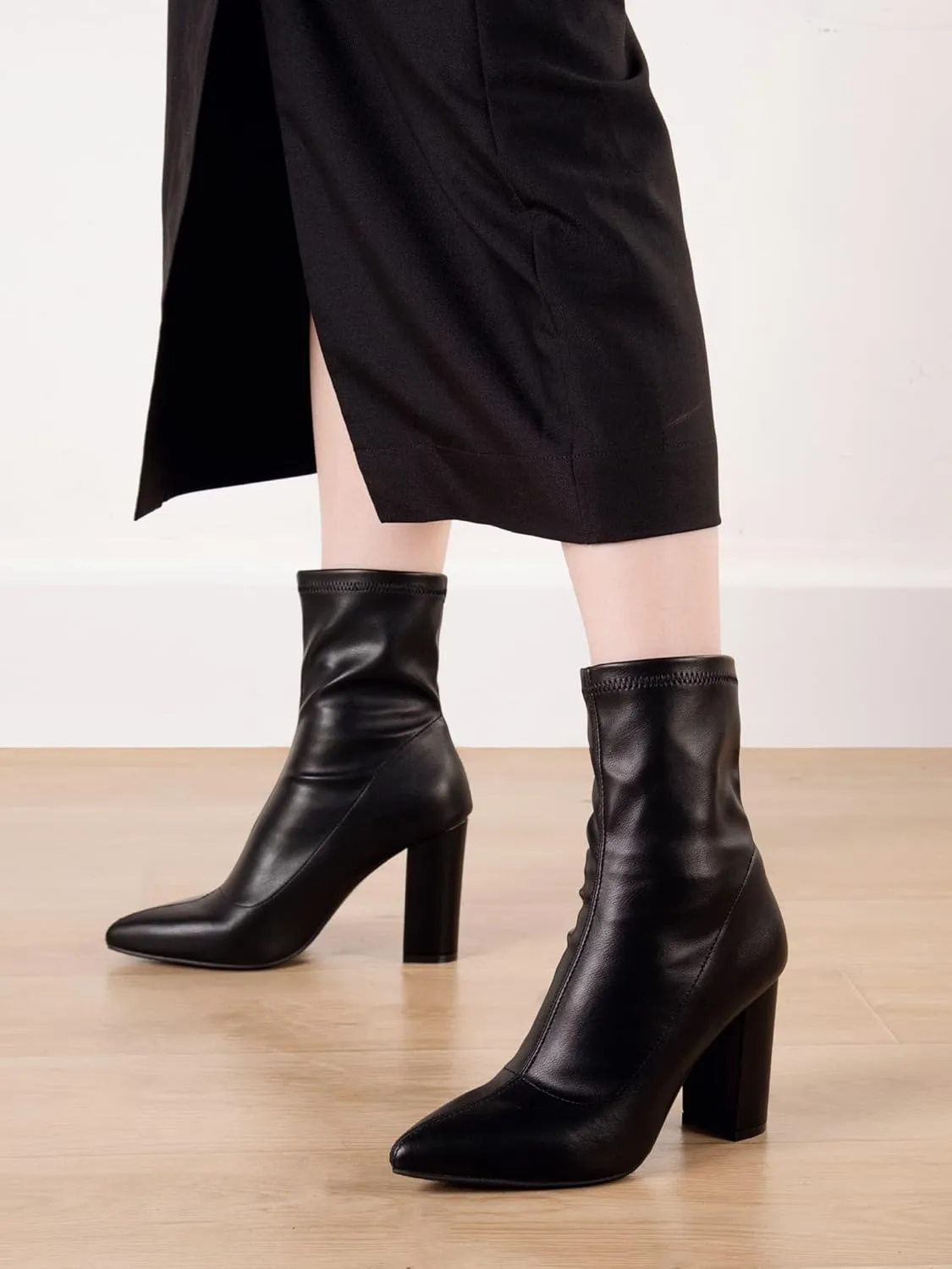 Shoe'N Tale Women's Ankle Boots Pointed Toe Chunky High Heel Slip-on Stretchy Booties Shoes