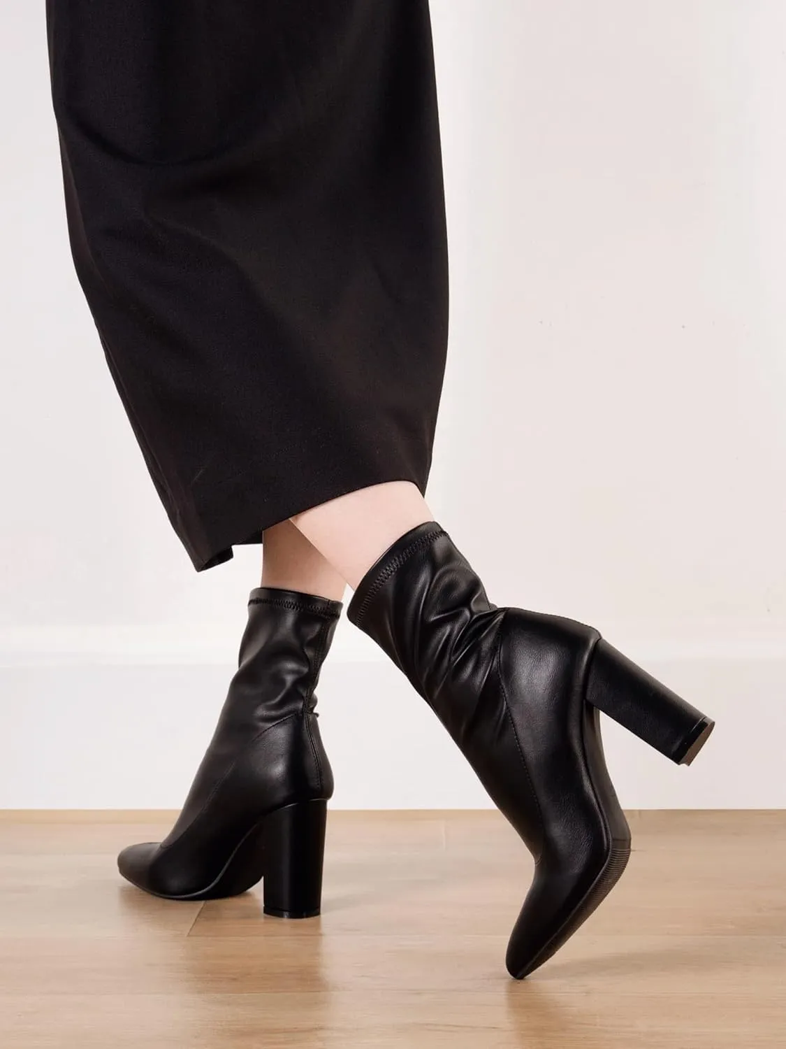 Shoe'N Tale Women's Ankle Boots Pointed Toe Chunky High Heel Slip-on Stretchy Booties Shoes