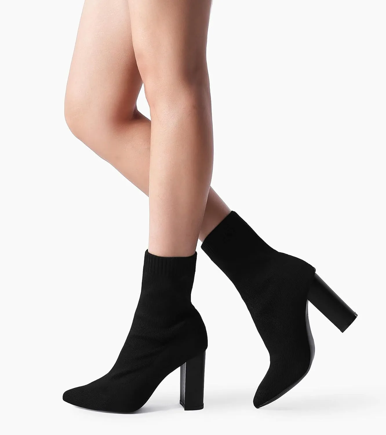 Shoe'N Tale Women's Ankle Boots Pointed Toe Chunky High Heel Slip-on Stretchy Booties Shoes