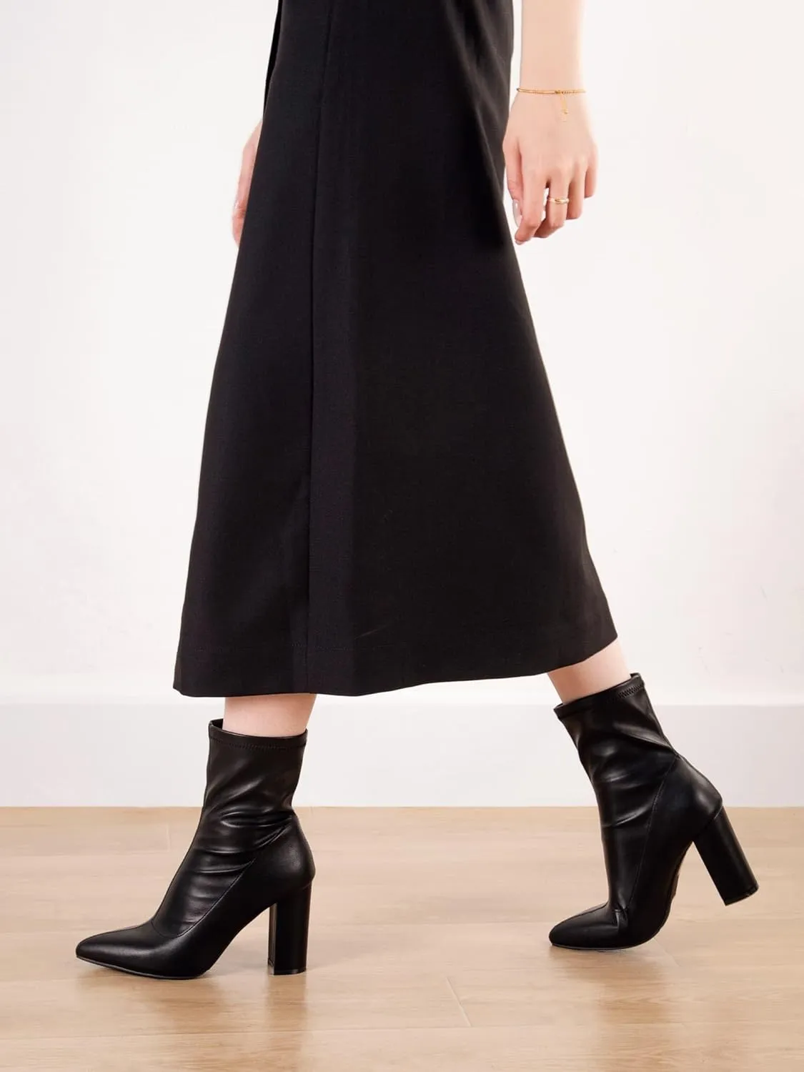 Shoe'N Tale Women's Ankle Boots Pointed Toe Chunky High Heel Slip-on Stretchy Booties Shoes