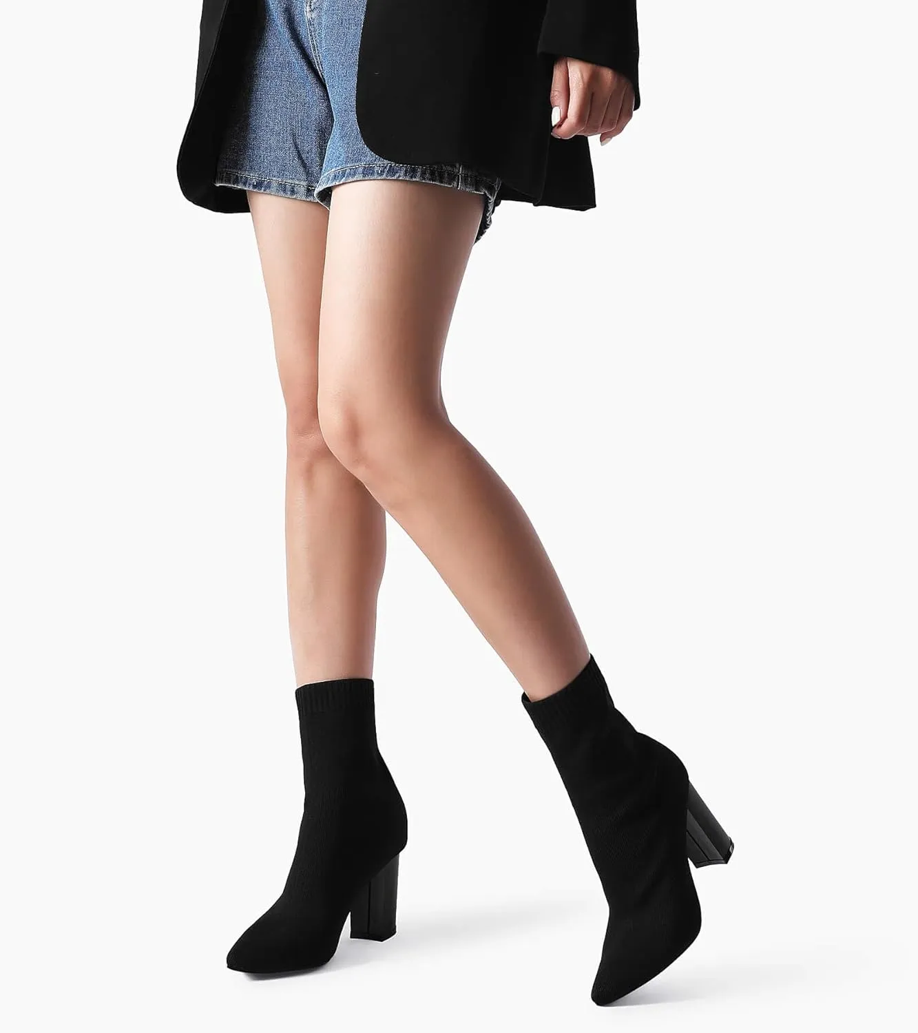 Shoe'N Tale Women's Ankle Boots Pointed Toe Chunky High Heel Slip-on Stretchy Booties Shoes