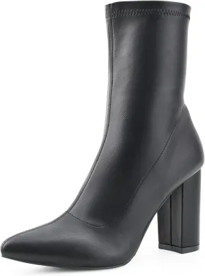 Shoe'N Tale Women's Ankle Boots Pointed Toe Chunky High Heel Slip-on Stretchy Booties Shoes