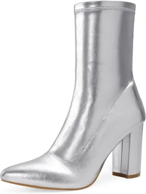 Shoe'N Tale Women's Ankle Boots Pointed Toe Chunky High Heel Slip-on Stretchy Booties Shoes