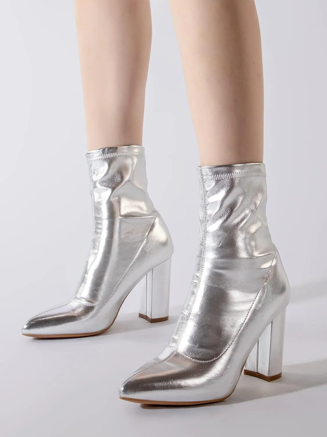 Shoe'N Tale Women's Ankle Boots Pointed Toe Chunky High Heel Slip-on Stretchy Booties Shoes
