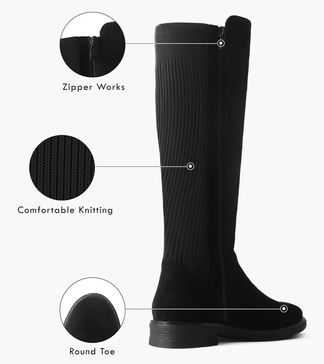 Shoe'N Tale Women's Knee High Boots Flat Low Heel Stretchy Round Toe with Side Zipper