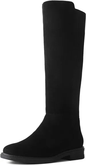 Shoe'N Tale Women's Knee High Boots Flat Low Heel Stretchy Round Toe with Side Zipper