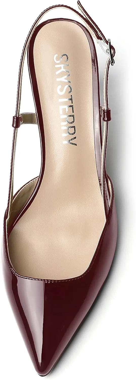 SKYSTERRY Women's Slip On Patent Pointed Toe Slingback Casual Dating Spool Mid Heel Pumps Shoes 2.5 Inch