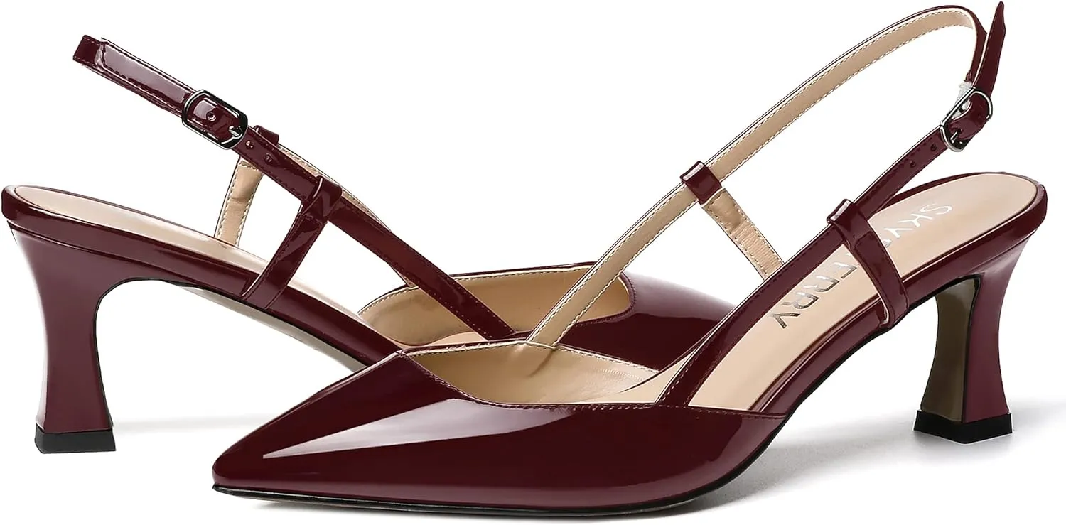 SKYSTERRY Women's Slip On Patent Pointed Toe Slingback Casual Dating Spool Mid Heel Pumps Shoes 2.5 Inch