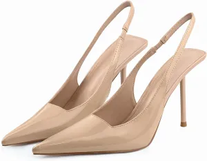 Slingback Heels for Women Pointed Toe Stiletto High Heels Stretch Slip on Backless Patent Leather Fashion Comfortable Dress Pumps Shoes