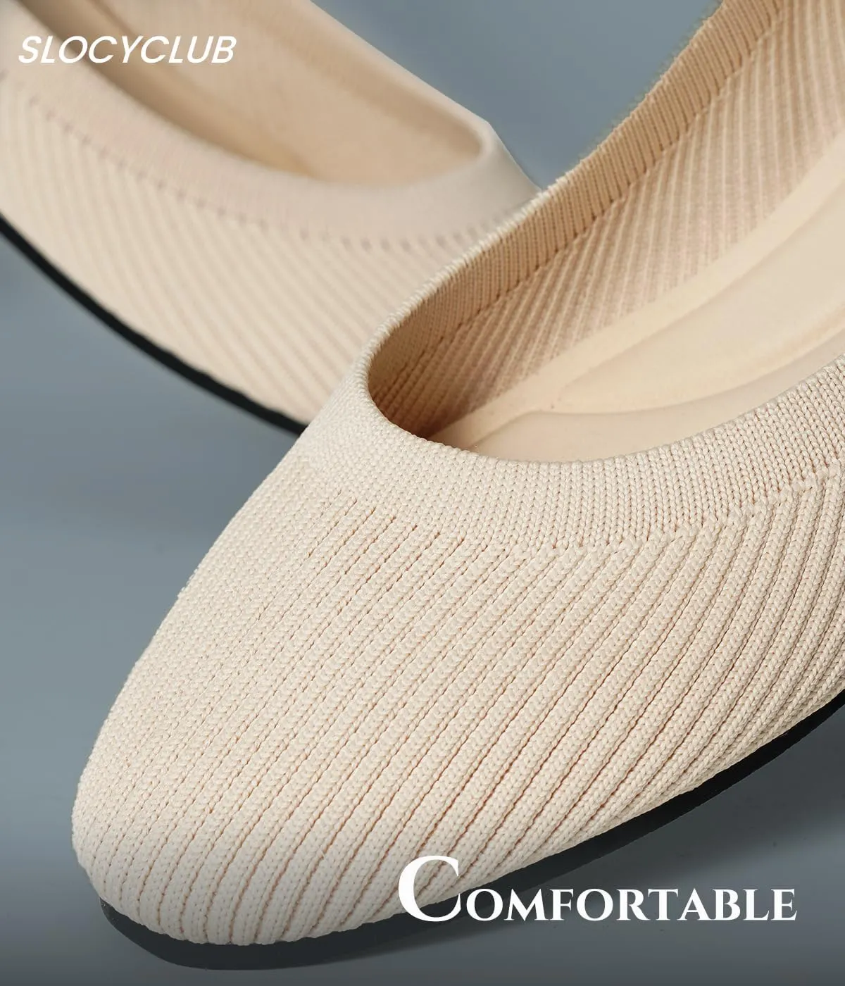 Slocyclub Flat Shoes for Women Classic Pointed Toe Slip On Ballet Shoes Knitted Texture Black Comfortable Dress Shoes