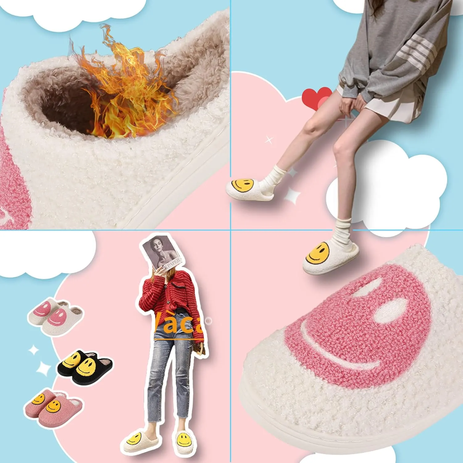 Smile Face Slippers For Women Men, Retro Soft Plush Lightweight Cute Happy Face House Slides, Cozy Fluffy Warm Home Cloud Slippers Slip-On Fleece Shoes Non-Slip Indoor Outdoor