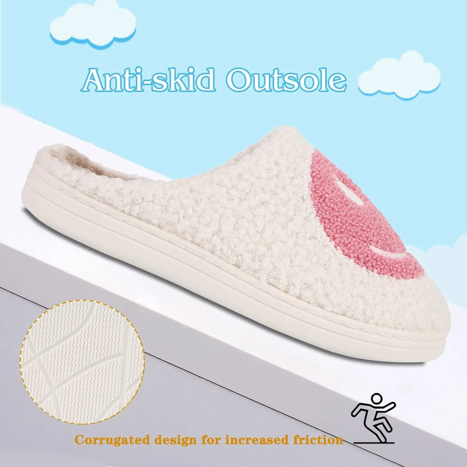 Smile Face Slippers For Women Men, Retro Soft Plush Lightweight Cute Happy Face House Slides, Cozy Fluffy Warm Home Cloud Slippers Slip-On Fleece Shoes Non-Slip Indoor Outdoor