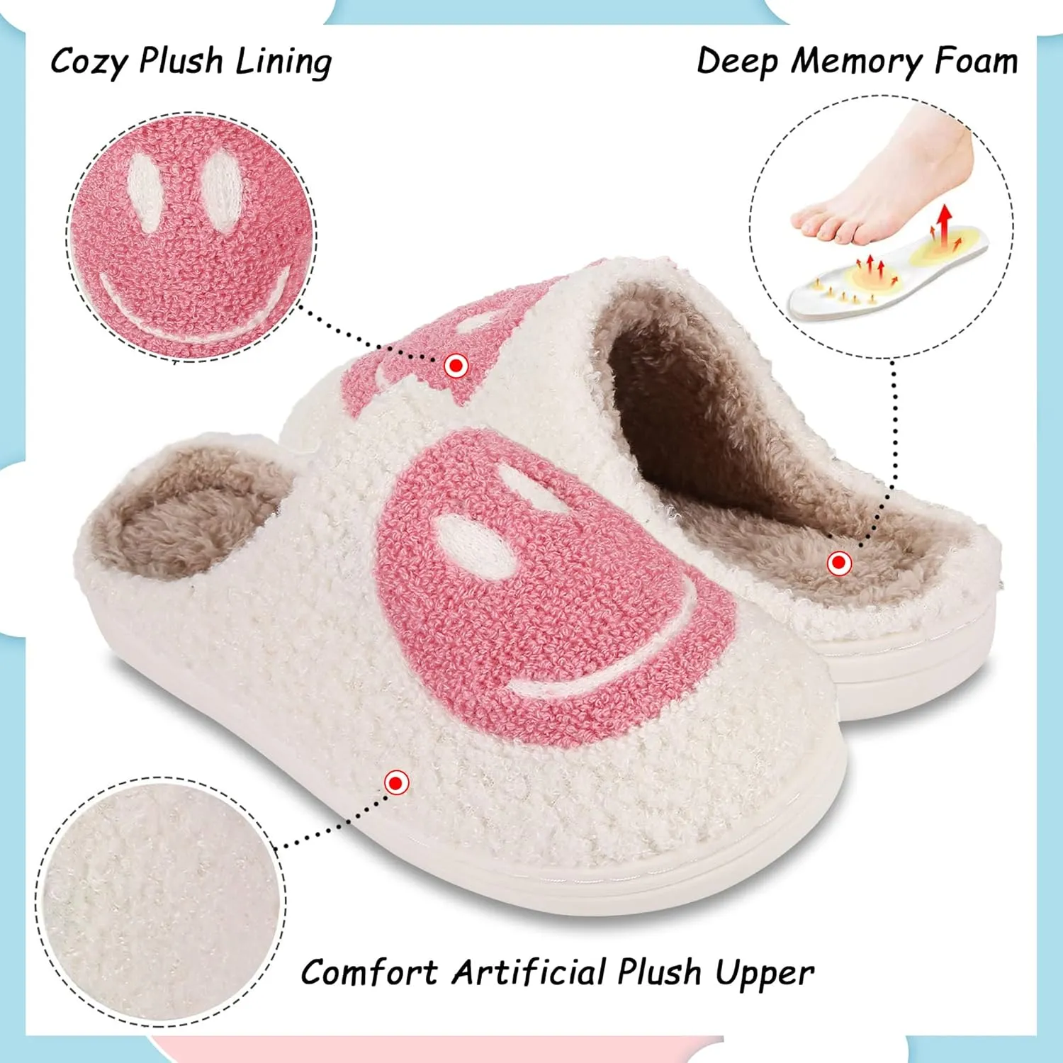 Smile Face Slippers For Women Men, Retro Soft Plush Lightweight Cute Happy Face House Slides, Cozy Fluffy Warm Home Cloud Slippers Slip-On Fleece Shoes Non-Slip Indoor Outdoor
