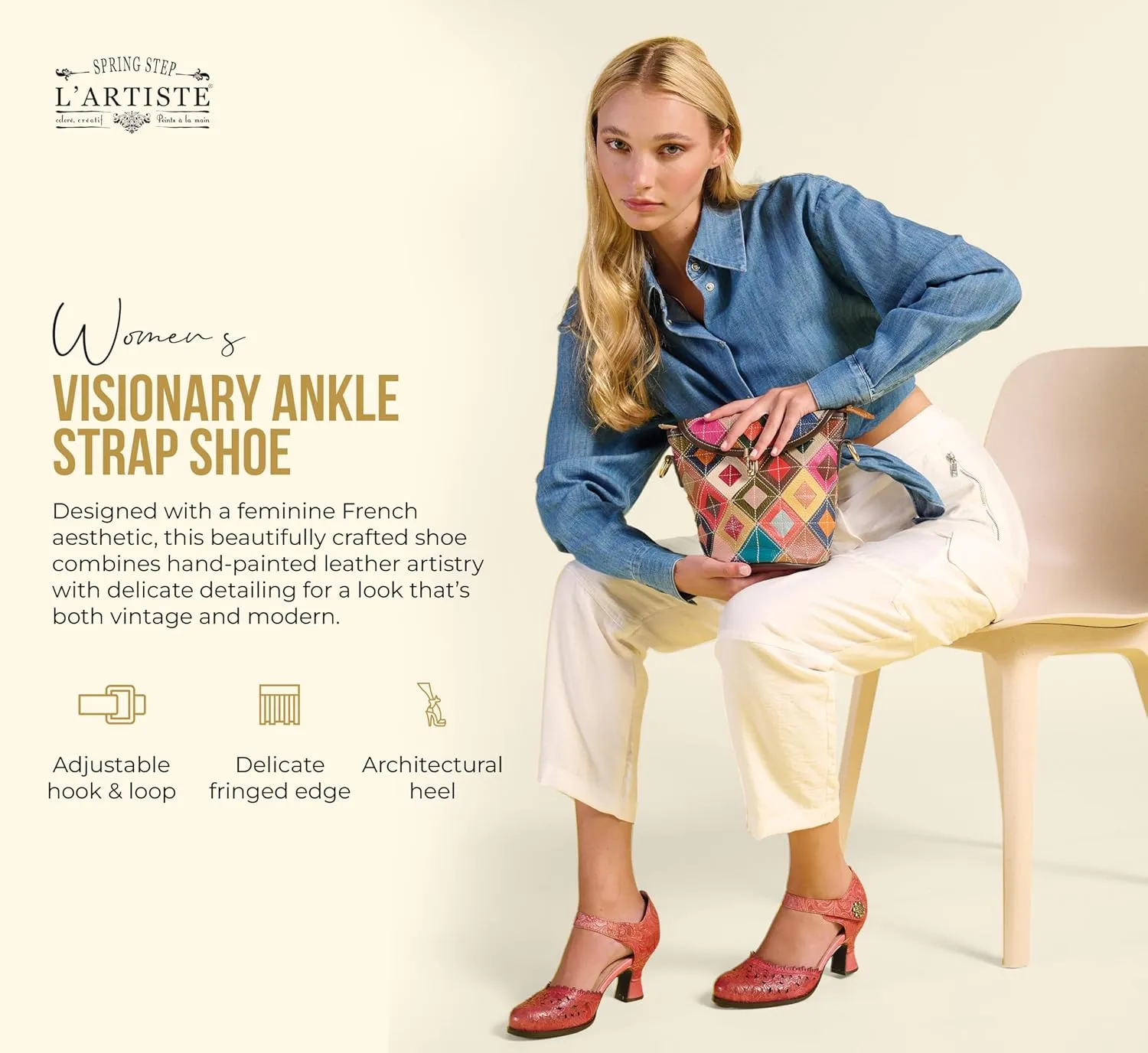 Spring Step L'Artiste Visionary Pump Shoes for Women | French Inspired Hand Painted Leather D'Orsay High Heels for Women with Ankle Strap