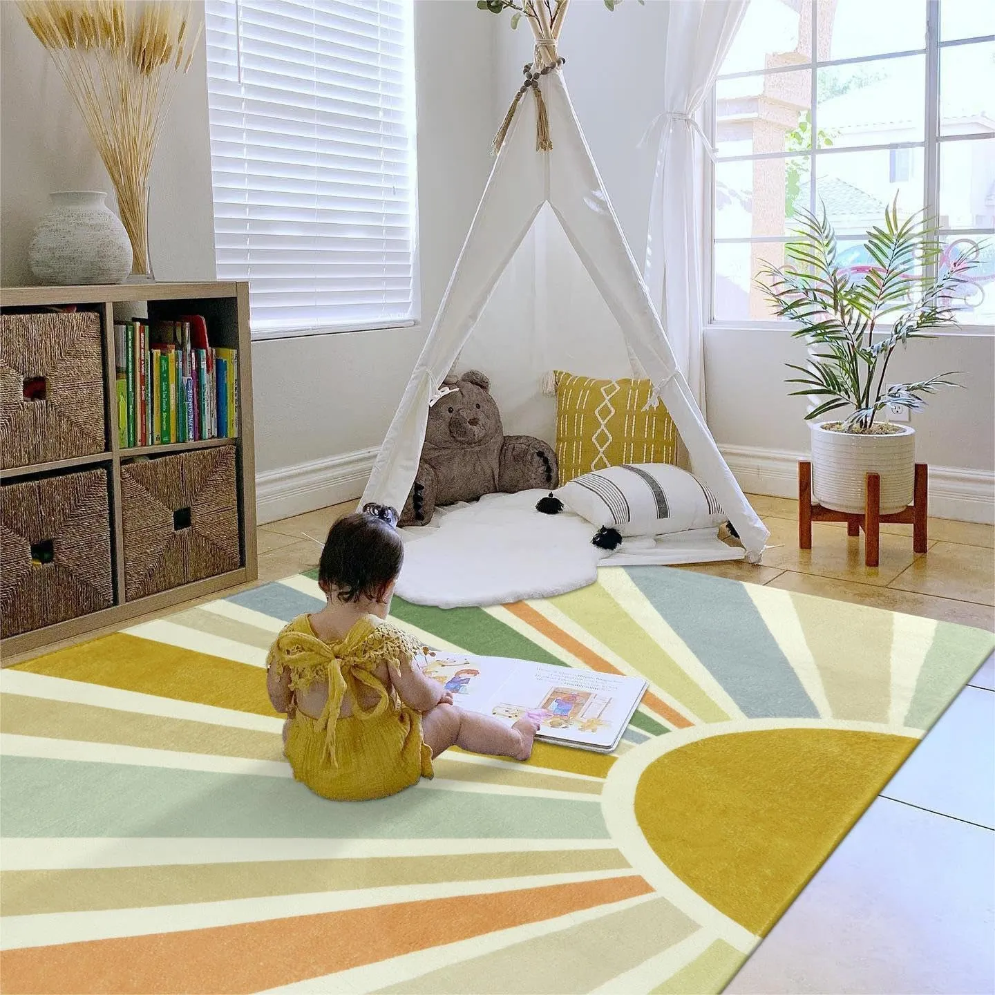 STARUIA Kids Rugs for Playroom & Nursery - 5'x7' Boho Washable Rainbow Area Rug, Non-Slip Soft Carpet for Classroom, Office & Dining Room