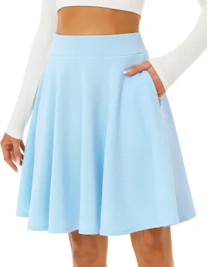 Stelle Women's 20" Knee Length Skirts with Pockets Casual Basic Midi Skirt Stretchy A-Line Skater Flared Pleated