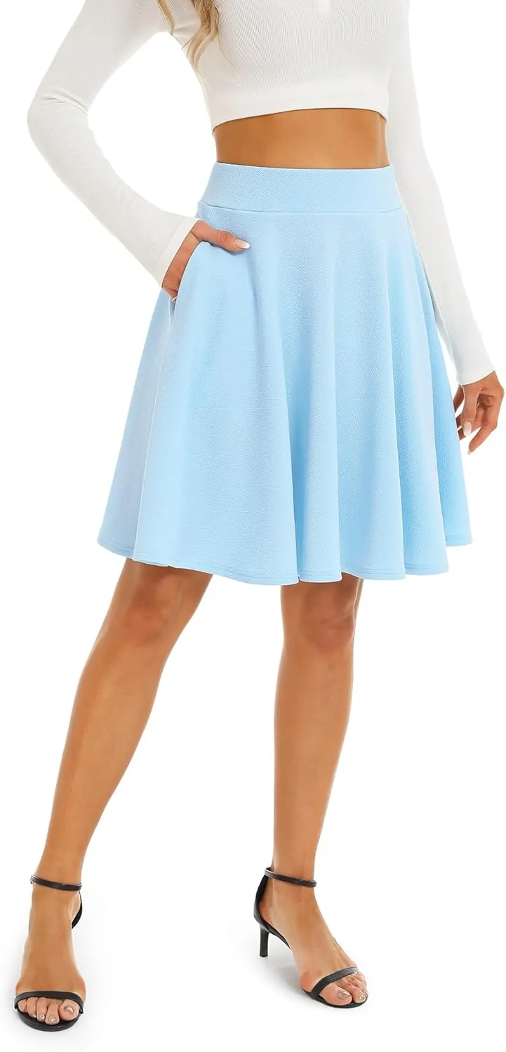 Stelle Women's 20" Knee Length Skirts with Pockets Casual Basic Midi Skirt Stretchy A-Line Skater Flared Pleated