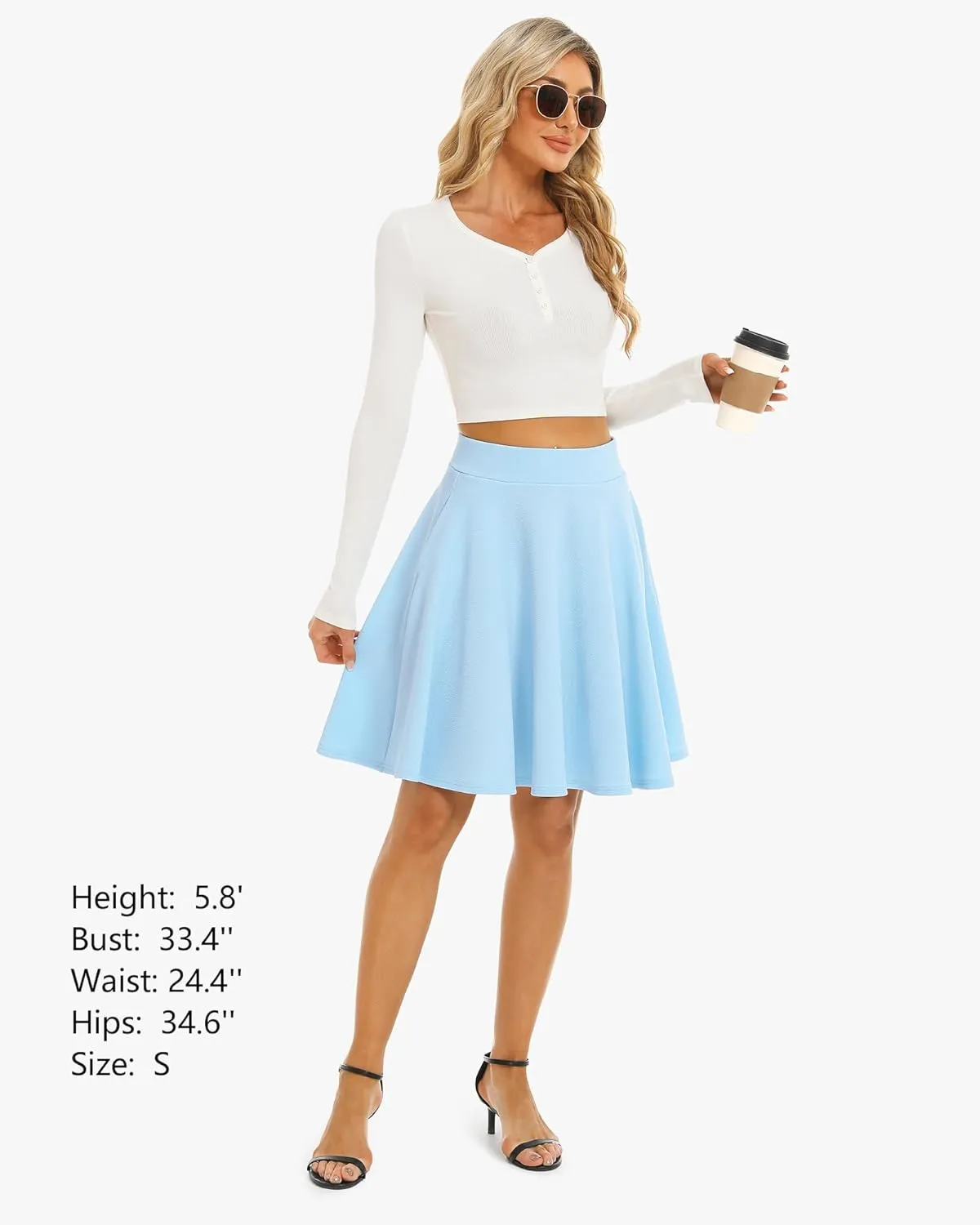 Stelle Women's 20" Knee Length Skirts with Pockets Casual Basic Midi Skirt Stretchy A-Line Skater Flared Pleated