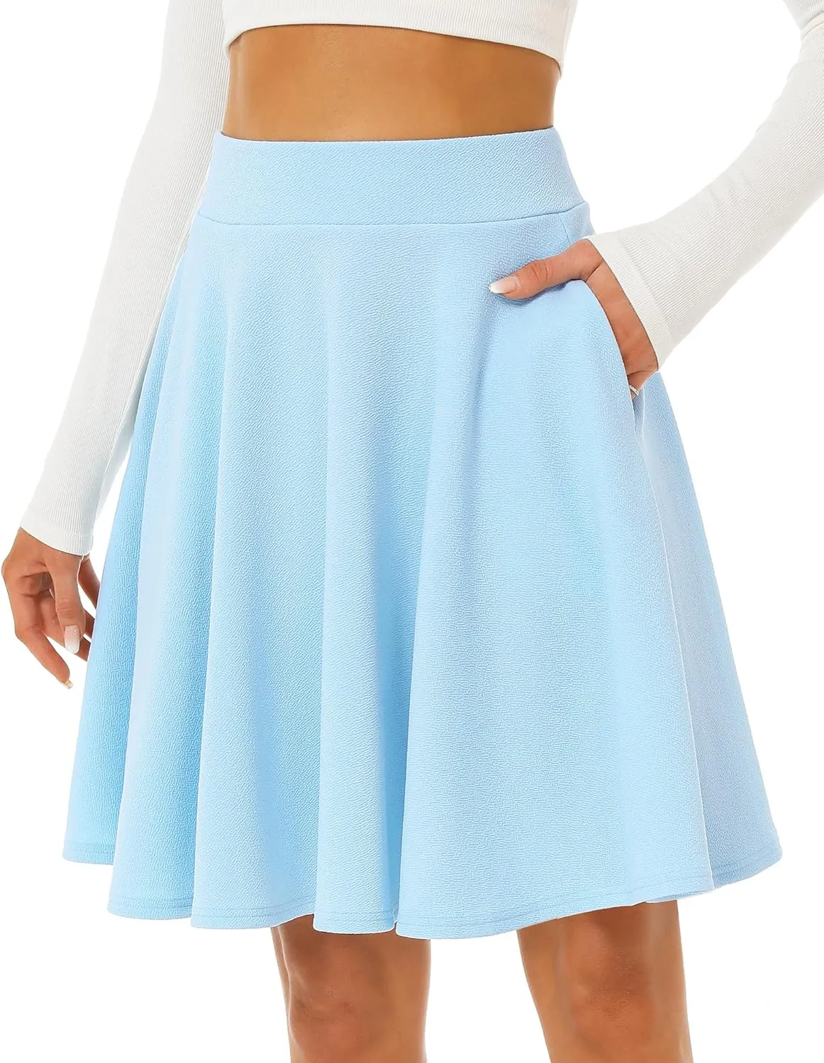 Stelle Women's 20" Knee Length Skirts with Pockets Casual Basic Midi Skirt Stretchy A-Line Skater Flared Pleated